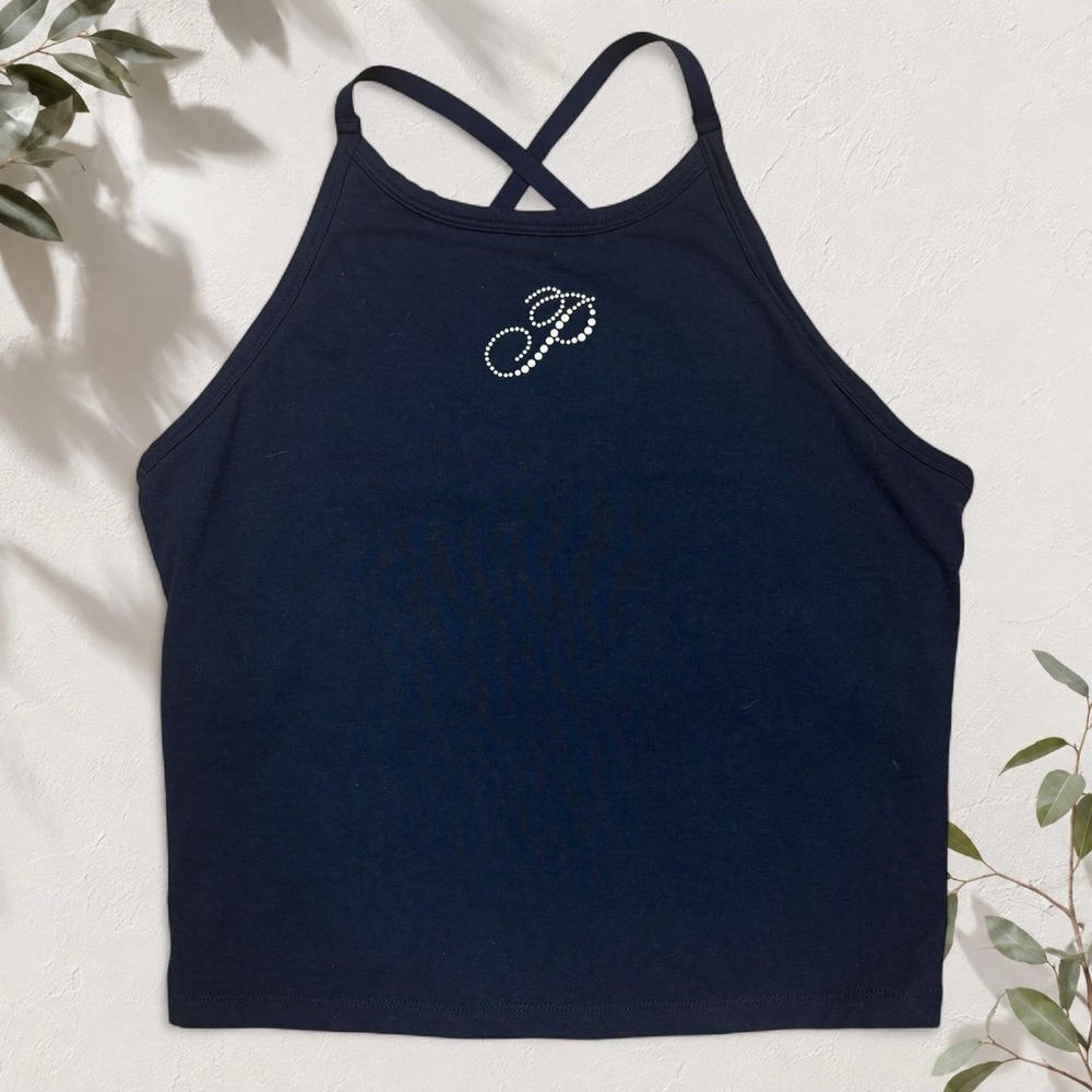 Victorias Secret PINK Navy Pearl Logo Tank Top Y2K Rhinestone Large